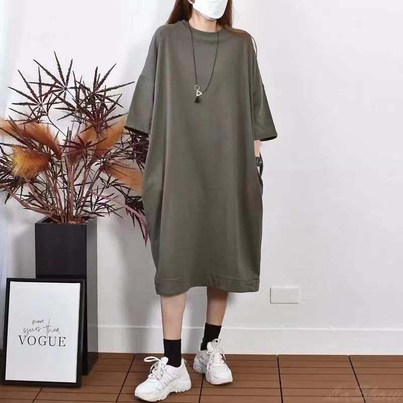 Long Knee Casual Half-sleeved Dress Summer Loose Korean Version Large Version T-shirt Women's Short Sleeves