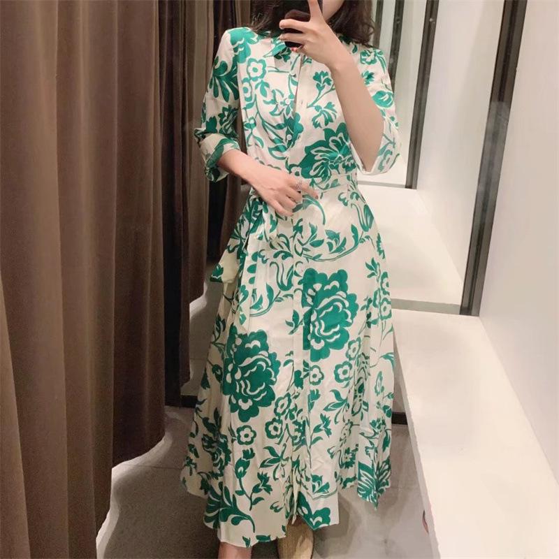 2022 Summer European & American Women's Long Shirt Dress with Belt and Print