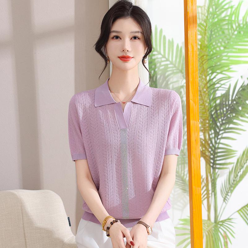 

Elegant Ice Silk Lapel T-Shirt for Moms: New Style Short-Sleeved Knit Top for Middle-Aged and Elderly Women 3XL (recommended 120-135 jin) фиолетовый