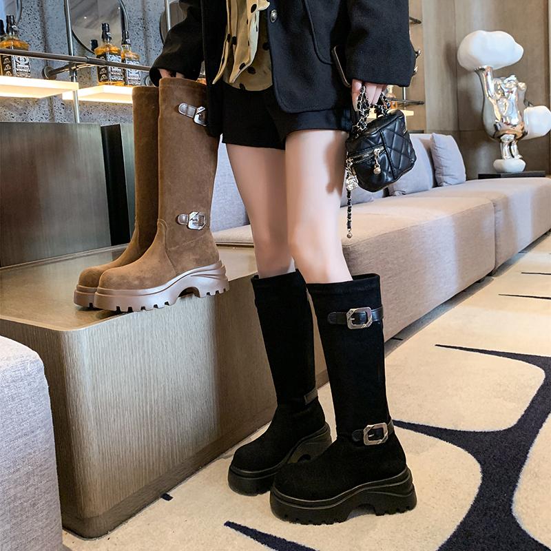 Fashion 2025 Women Stylish Mid-Calf Slouchy Boots Soft Comfortable Round Toe Design Buckle Latch Design Outdoor Casual Shoes