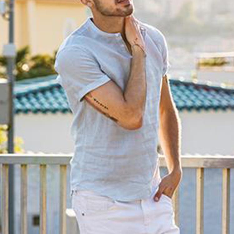 Men's Stand Collar Solid Color Loose Short Sleeved Shirt