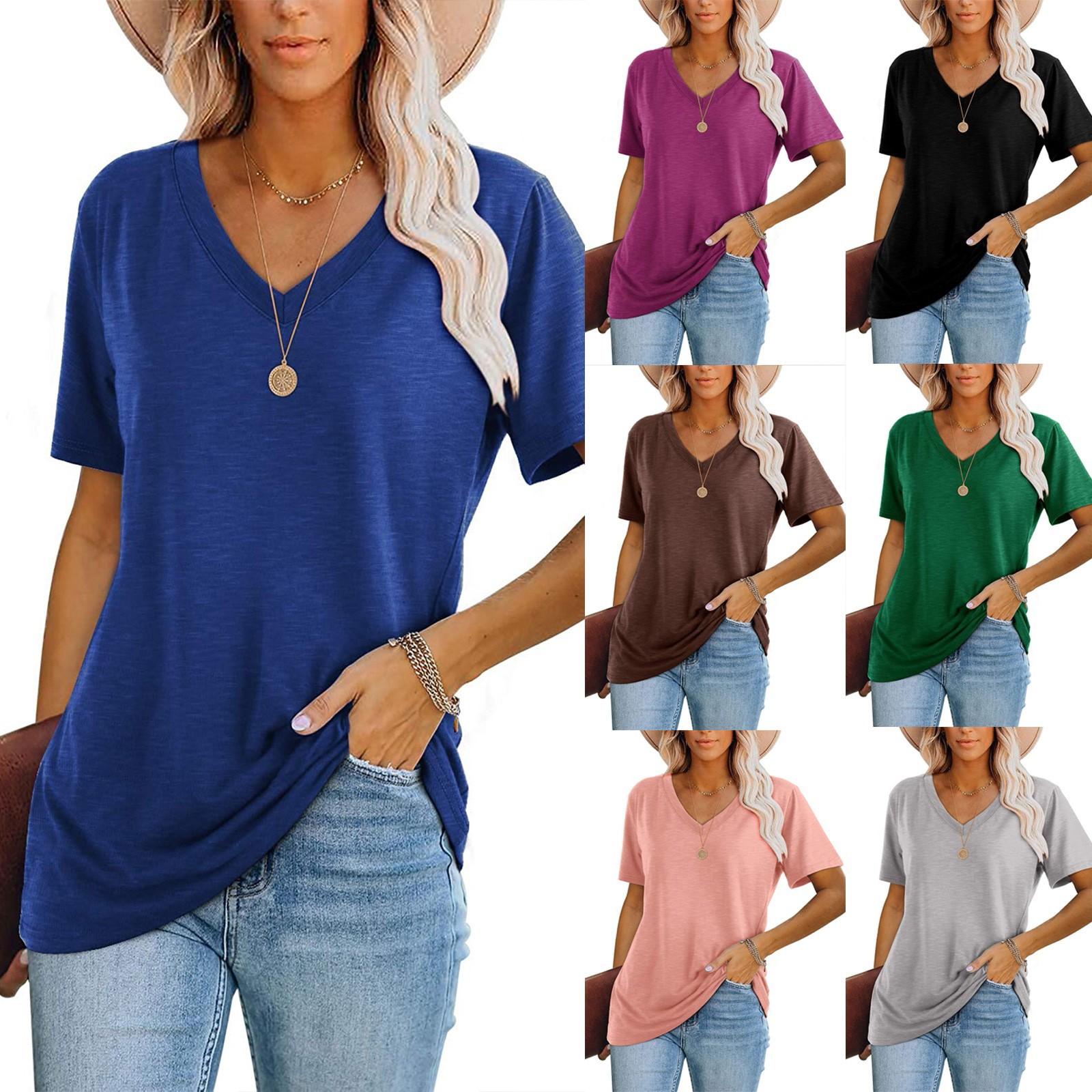 

Folulus Women s Fashion Casual T-shirt Short-sleeved V-neck Solid Color Summer Tops