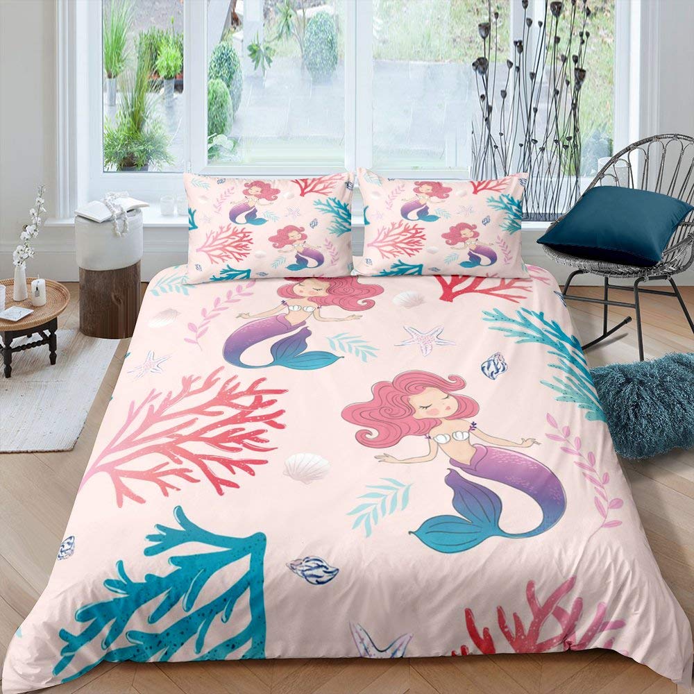 Meerjungfrau Bettwäschebezug Cartoon Meerjungfrau Bettwäsche Set Oktopus Bettbezug Für Kinder Jungen Mädchen Koralle Tief Tier Kinderzimmer Deko