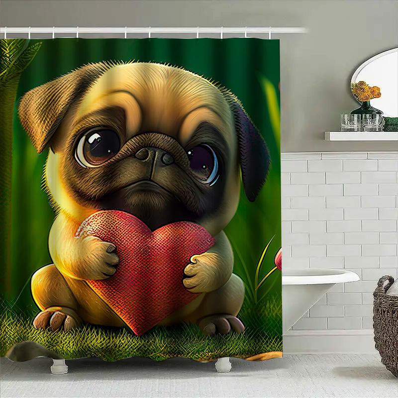 Adorable Dog Print Shower Curtain with Heart Shaped Pug Toy for Bathroom Decor Home Textiles Decoration Item #7892136450
