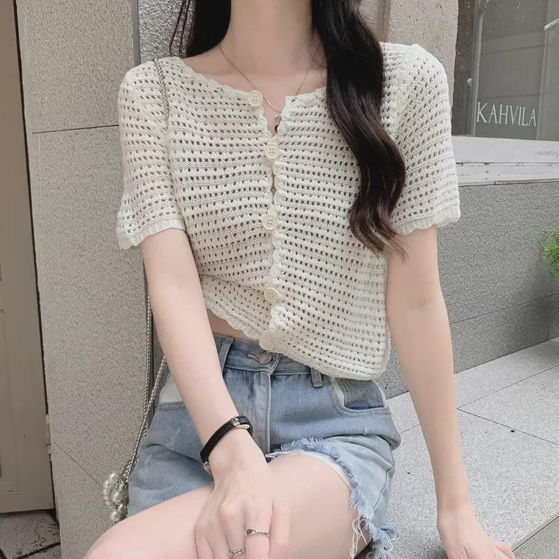Women's Hollow Knit Cardigan - Short Sleeve, Mesh, Shawl Top, 2023 Spring/Summer Sunscreen Style