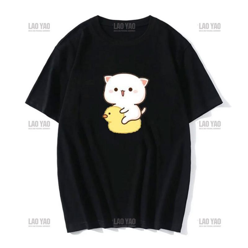 Słodka brzoskwiniowa kotka z kreskówkową parą nadrukowaną koszulką unisex szara wysłana kwiaty do brzoskwiniowej koszulki nowy styl miłośnicy ubrań casualowa koszulka