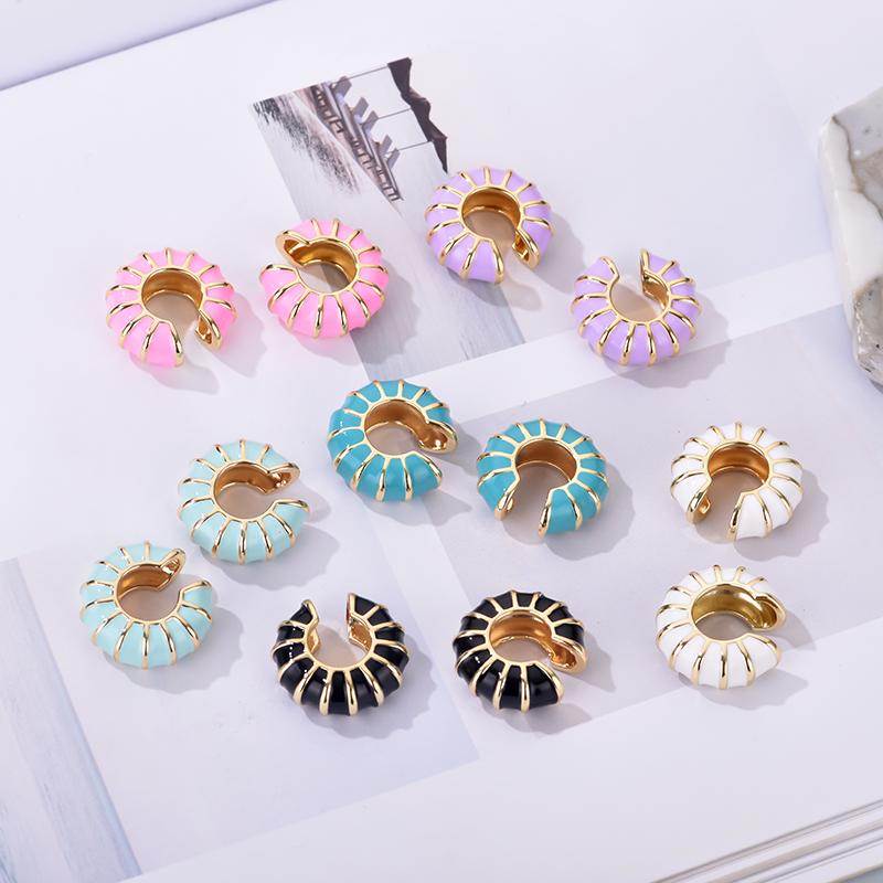 1 Piece Round Clip On Earrings Ear Cuffs Bohemian C Shaped Enamel Gold Color Zircon Non-Piercing Blue Black White Pink Earrings