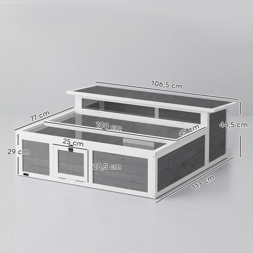 Wooden tortoise house with free range, main house, viewing window, hinged top, 2 doors, 113x106.5x44.5 cm, dark grey