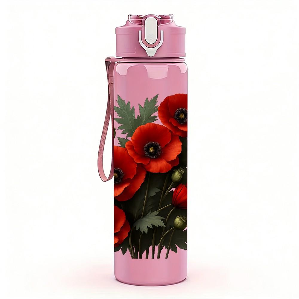 1PC Red Rose Bouquet Dark Print 750ml Color Plastic Sports Water Bottle Leakproof Flip Straw Lid Suitable for Sports Office Home Use