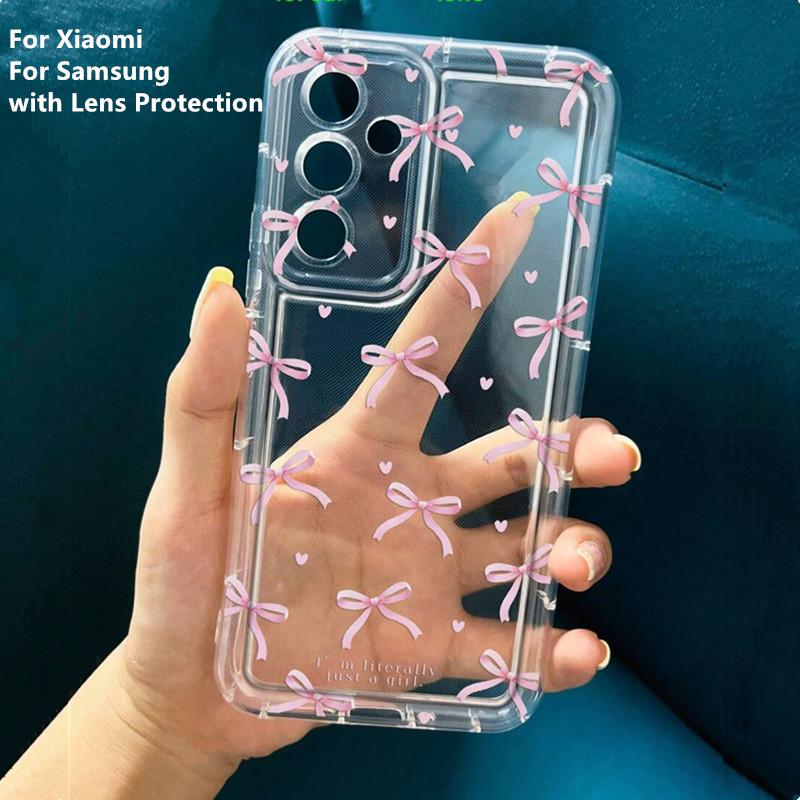 Cute Pink Heart Bow Soft Phone Case for  Poco F5 X3 X6 Pro 5G Mi 14 13 12 12T 13T Pro 11 Lite 5G NE Anti-Fall TPU Cover