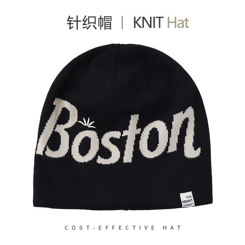 Fashion knitted hats men's and women's autumn and winter warm ear protection letter cold hat outdoor versatile big head circumference wool hat