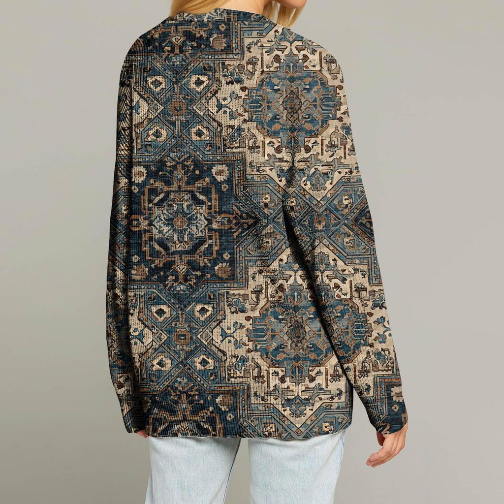 Dame Mote Langermet Juleprint V-Hals Knapper Løs Cardigan Topp