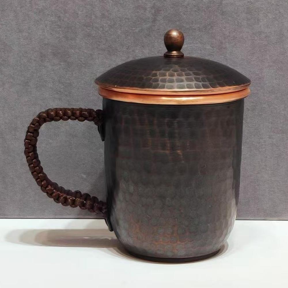 Handcrafted Vintage Copper Coffee Cup,Engraving Hammer Texture With lid 300 ml Milk Tea Beer Mug,Woven Handle Tea Cup Tableware
