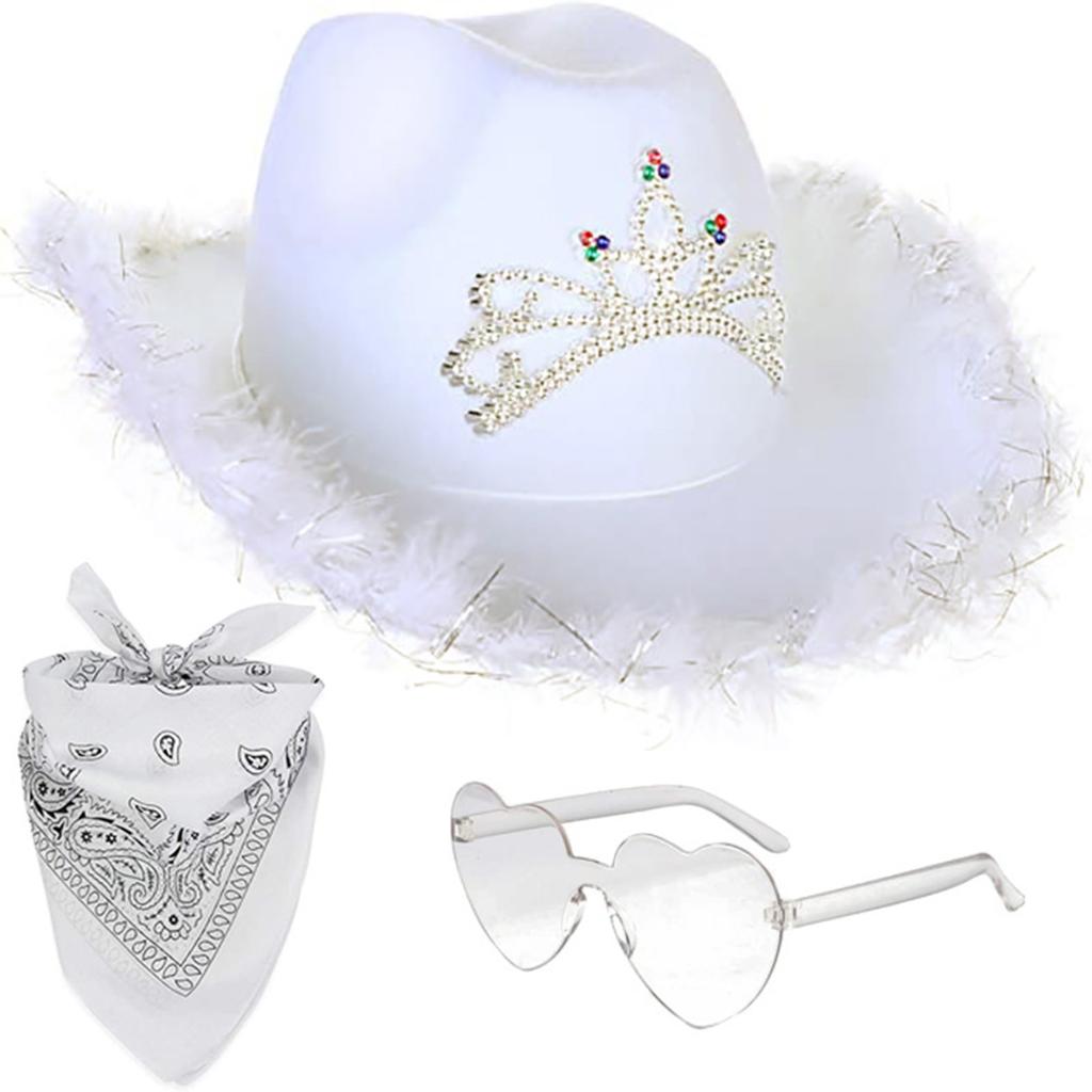 3Pcs Cowgirl Hat Set For Women 3 Light Modes Light Up Tiara With Bandana And Heart Shape Sunglasses Glitter Drawstring Cowboy Hat Dress Decoration