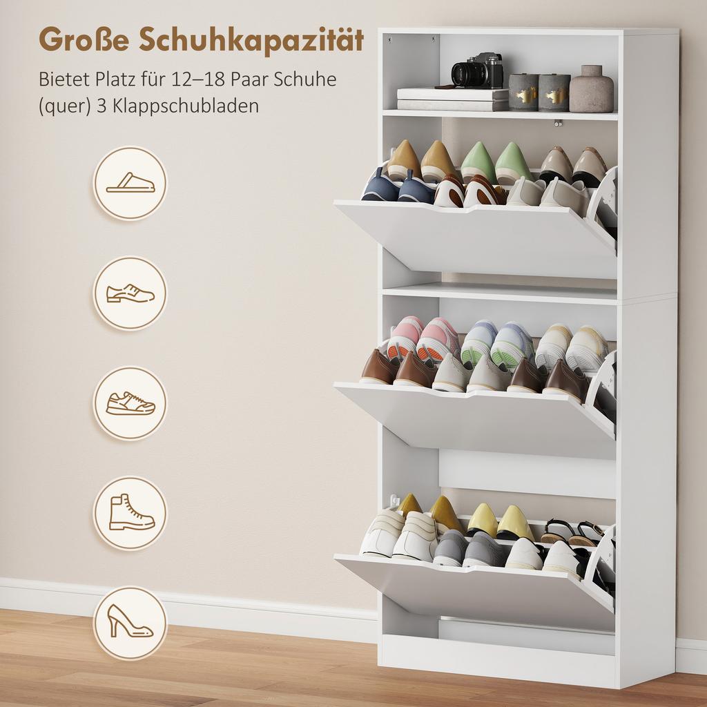 Narrow Shoe Cabinet, 3 Drop-Down Compartments, Adjustable Shelves, 12-18 Pairs, White