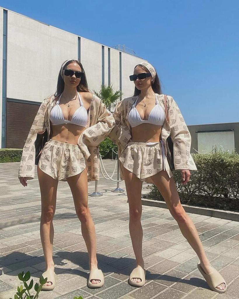 Women's Loose Long-Sleeve Print Lace-Up High Waist Shorts Suit