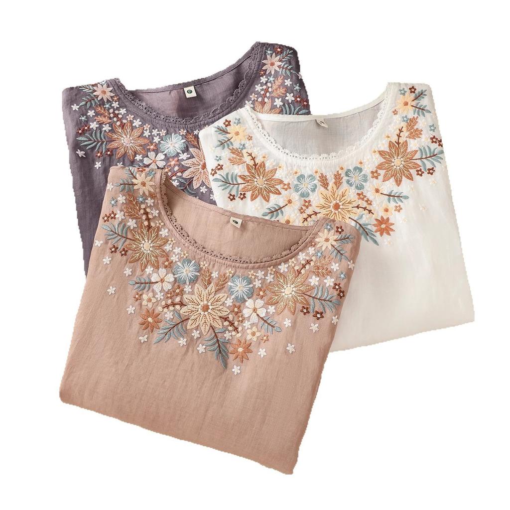 Women's Cotton Shirt Summer Top Season Casual Loose Embroidered Loose Shirt