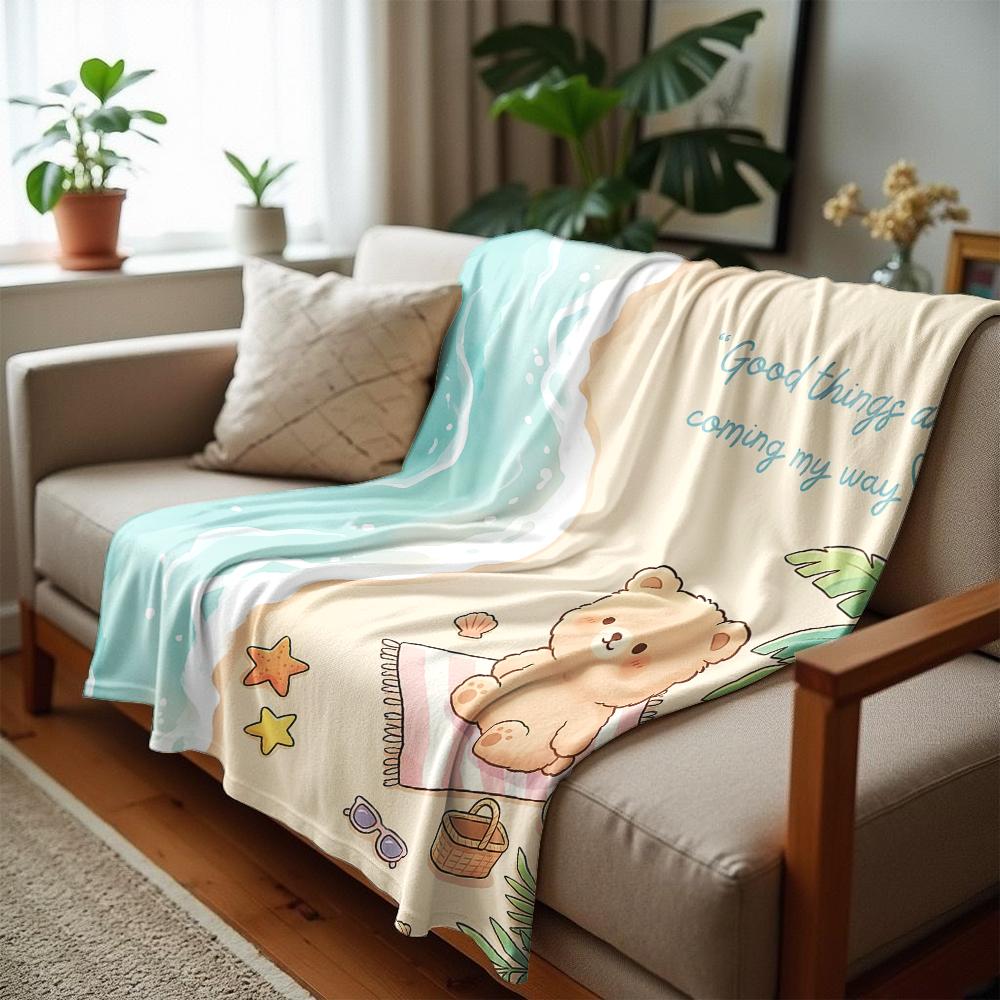 Beach Teddy Bear Quote Soft Flannel Blanket Breathable Warm Throw for Office Car Sofa Kids Room Birthday Xmas Gift