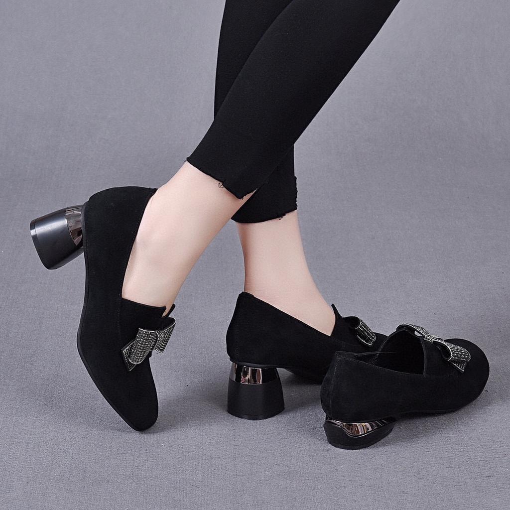 Women's single shoes spring new black bow high heels sheepskin low-top shoes women's shoes round head