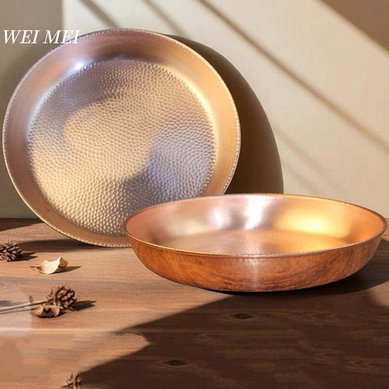 Vintage Copper Fruit Plate,Handcrafted Hammer Texture Circle Shape Steak Dinner Dishes Tray,Home Food Plate 24 cm,Tableware