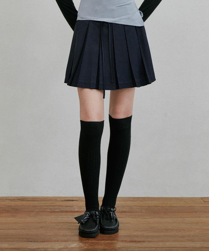 Belloel Ribbon Stripe Pleated Mini Skirt Navy