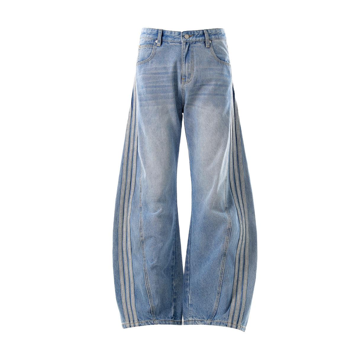 Men s Autumn American Retro Striped Washed Jeans Men s Scimitar Wide Leg Pants S