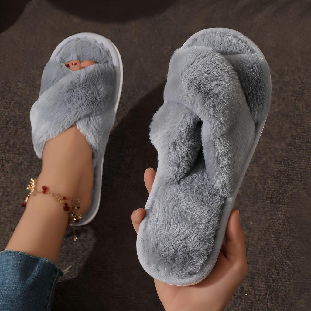 European and American Plush Cross Strap Women's Cotton Slippers by TEMU SHEIN
