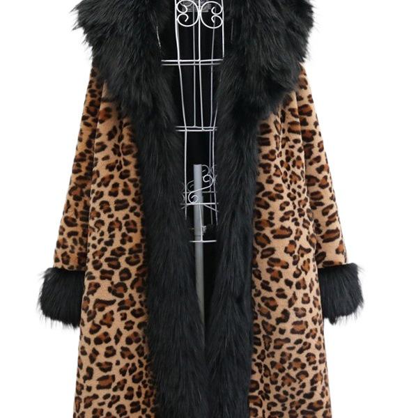 Women's Plus Size Leopard Print Faux Fur Coat with Large Fox Fur Collar - Winter Windbreaker