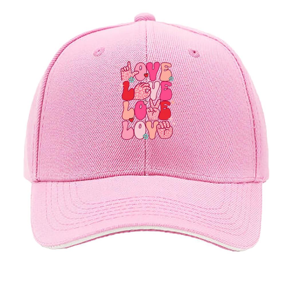 Valentine Day Love ASL Sign Language Pink Hearts Graphic Sandwich Baseball Cap Unisex Women Sun Cap Outdoor Workouts Hat