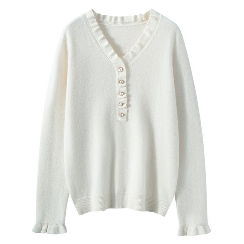 Solid Color Women's Cashmere Knit V-Neck Lace Top