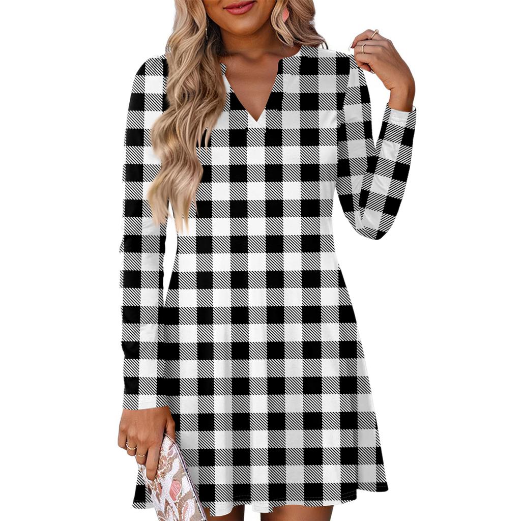 Women's Fashion Plaid V-Neck Long Sleeve Dress