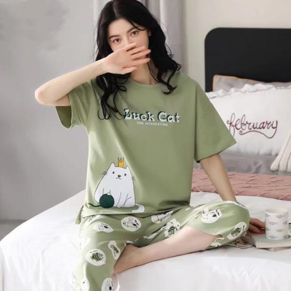 Women's Summer Korean Cartoon Pajama Set - Short-Sleeved Top with Seven-Point Pants