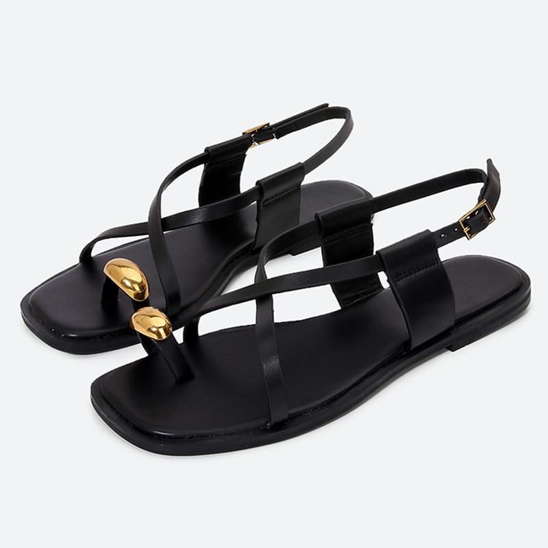 Fashion Metal Buckle Decoration Over Toe Flat Sandals Women Fashion Ankle Strap GLADIATOR Sandals Luxury Designer Summer Beach Slippers