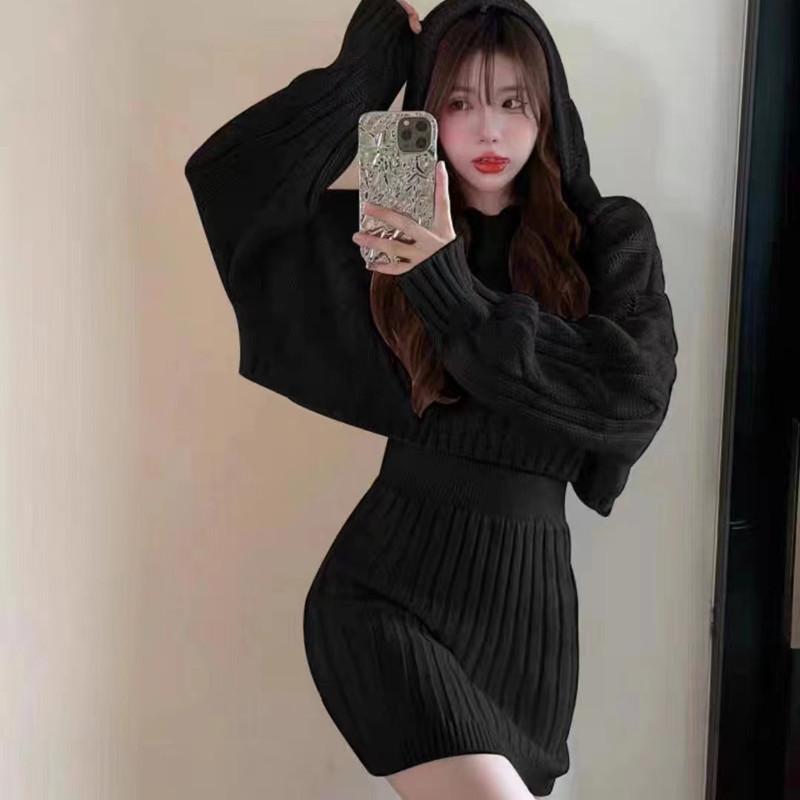Elegant Autumn/Winter Hooded Loose Pullover Women Sweater New Retro Women High Waist Hip Short Skirts 2-piece Set Set Knitted Twist Outfits Clothing
