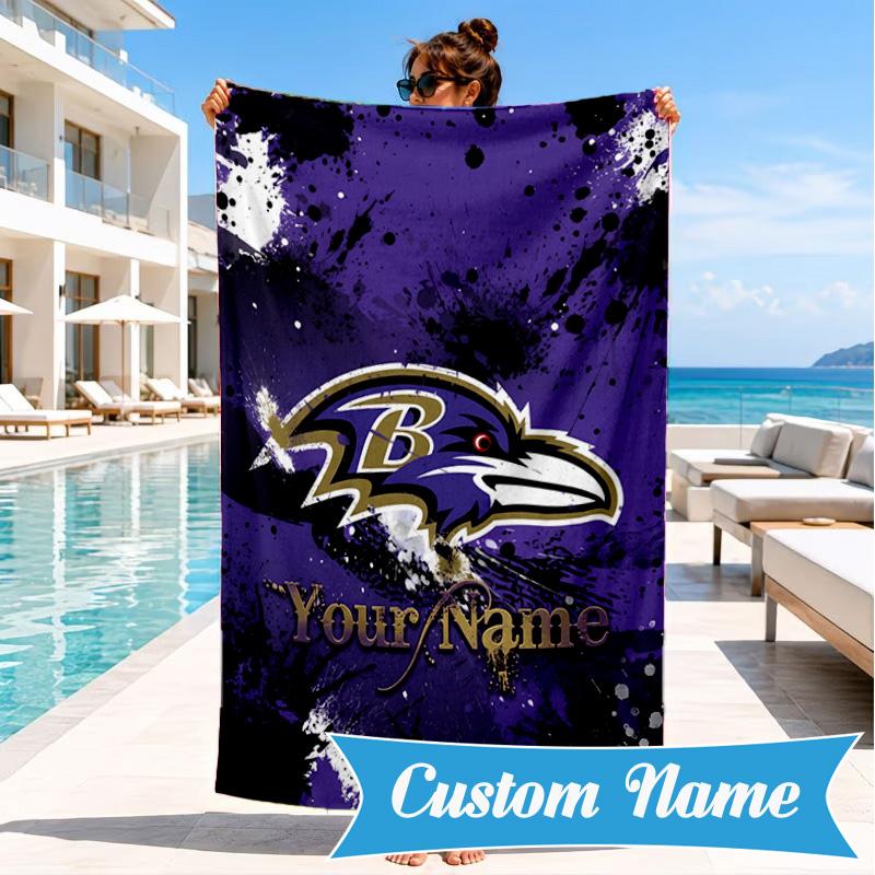 Custom Name Football Ravens Logo Personalized Microfiber Beach Towel, Quick-Dry, Ideal for Summer Travel, Beach Essential, Swimming