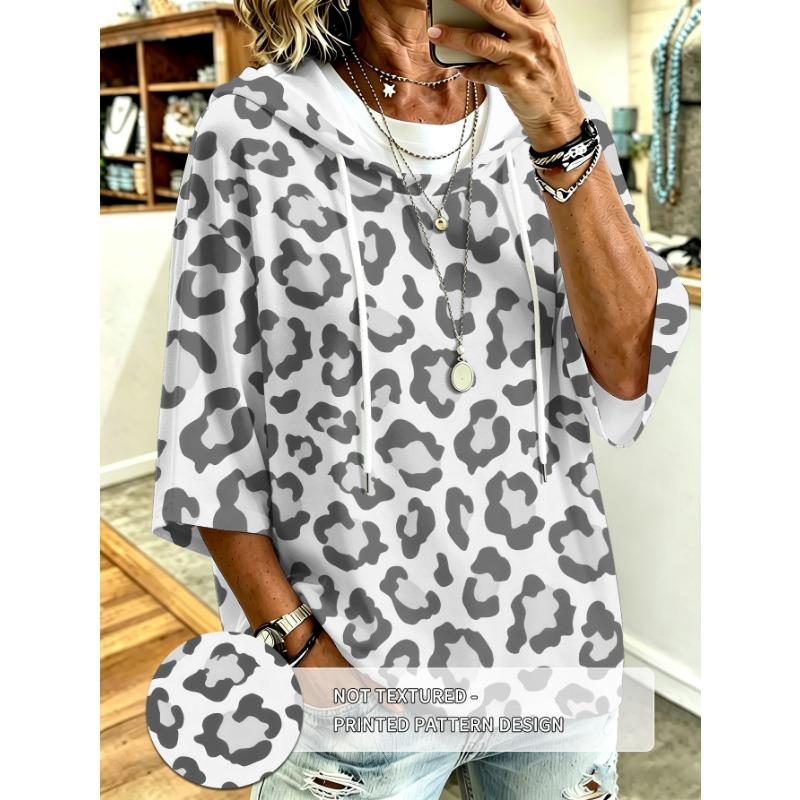 Women's Large Size Printed Hooded Top, Dropped Shoulders, Casual and Versatile, Machine Washable