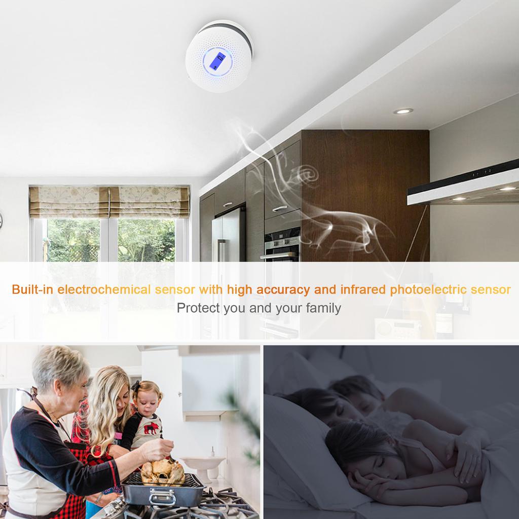 Smoke and Carbon Monoxide Alarm Smoke Detector Carbon Monoxide Detector Powered by Battery with LCD Display Voice Warning