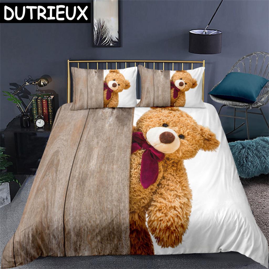 Teddy Bear Pattern Bedding Set Simple Bedspread Pillowcase Cartoon Home Textile Children Adult Bedroom Decoration