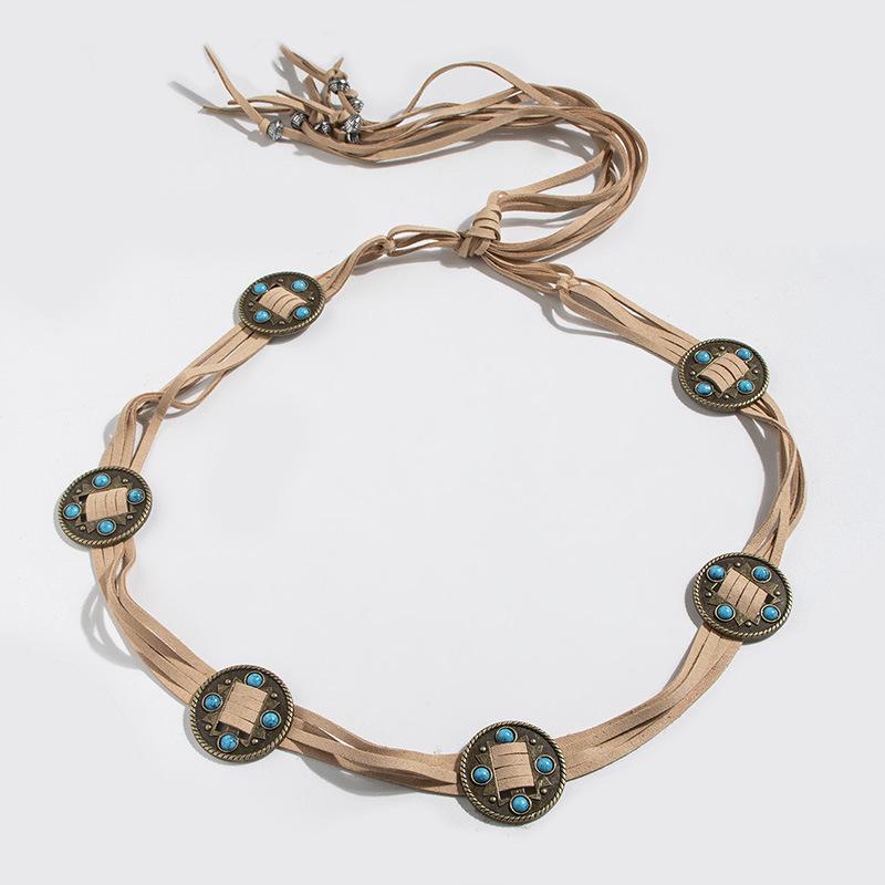 Nowy Styl Zachodni Koraliki Vintage Akcesoria Pasek Okrągły Boho Turkusowy Damski Sznurek na Talię