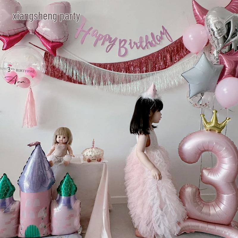Pink 3rd Birthday Decoration Set for Girls - Tassel, Flag Banners, and Number Balloons