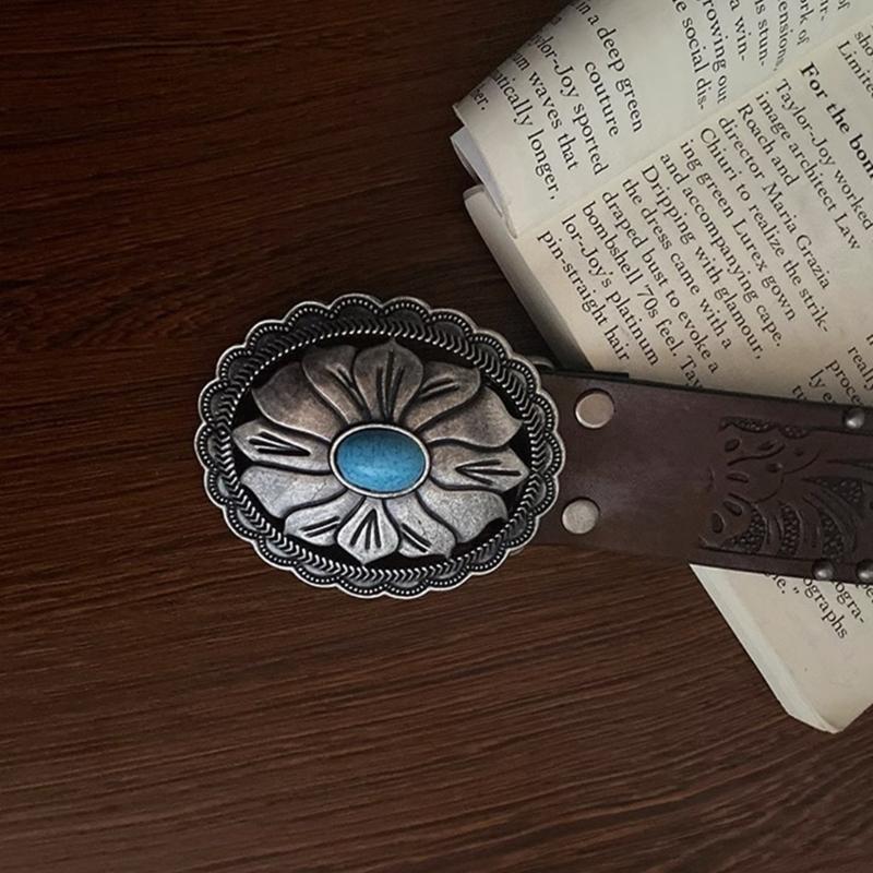 Vintage Bohemia Belt for Women Turquoise Embossed Buckle Decorative Belt Cowboy Belt for Female Cowgirl Jeans Waist Belt