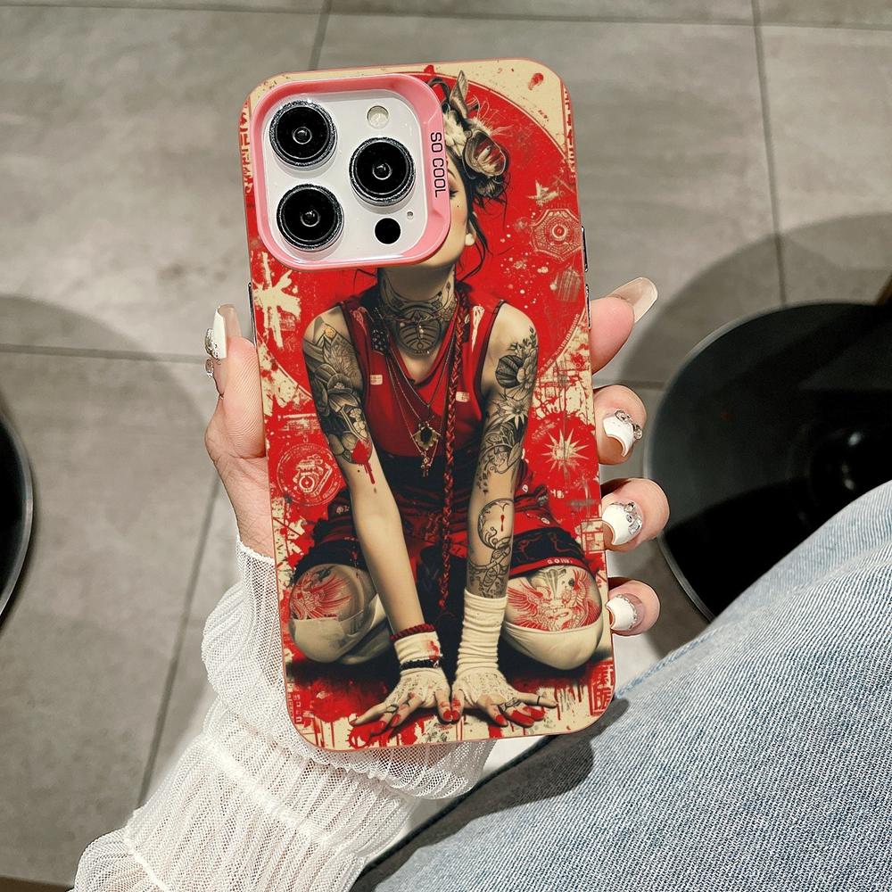 

Retro Tattoo Girl Mobile Phone Case for iPhone 17 16 15 14 13 12 11 X XR XS 8 7 Air Pro Max Plus Translucent Pink Colorful Cover iPhone 15