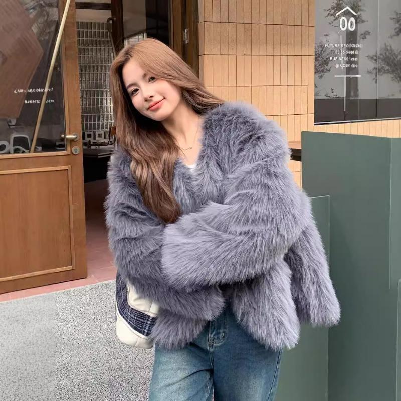 Autumn and winter gray Toka fox fur fur fur coat double-breasted women's clothing large size loose plush clothes
