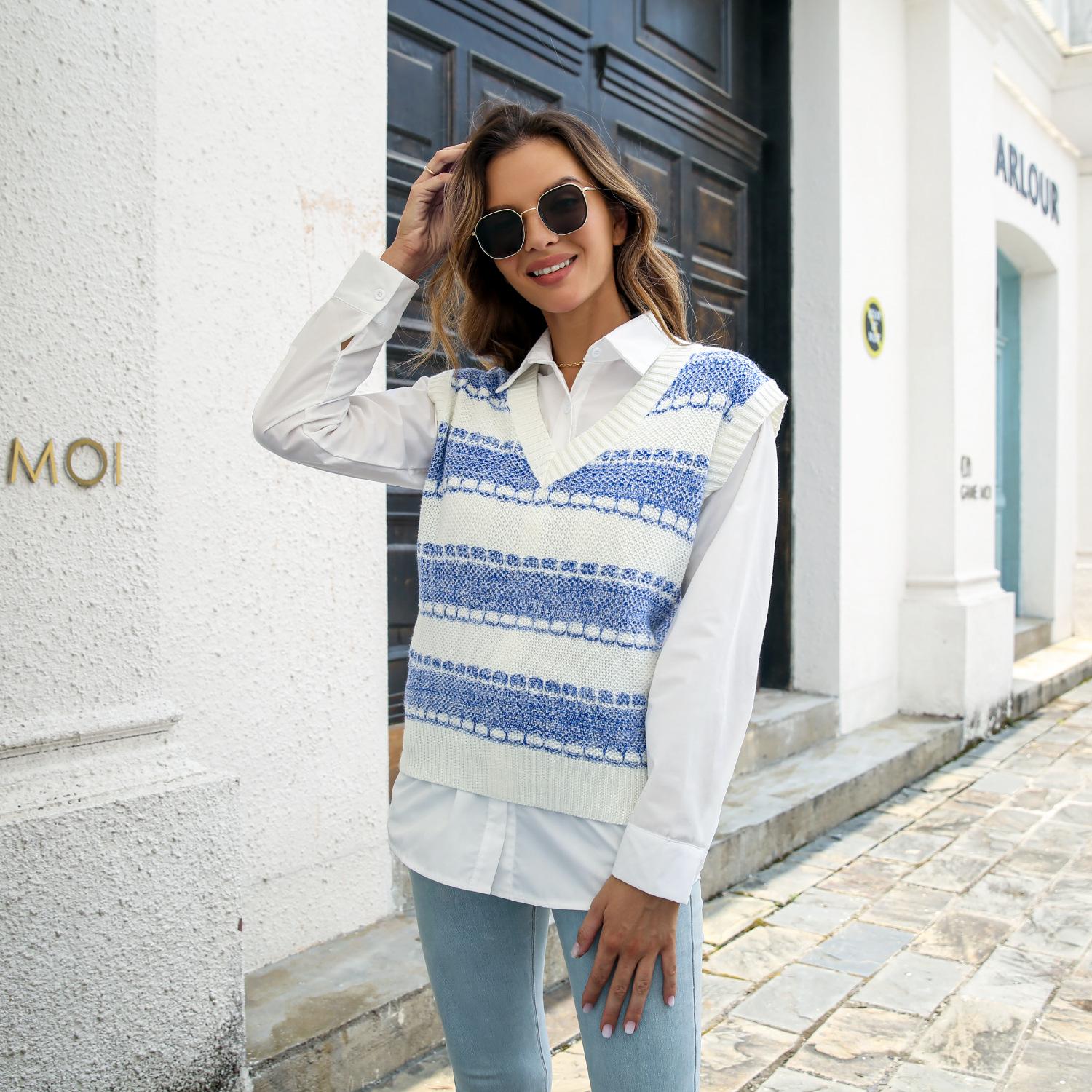 

QICED женские модные повседневные полосатые принты осень-зима без рукавов с v-образным вырезом вязаные жилеты L синий