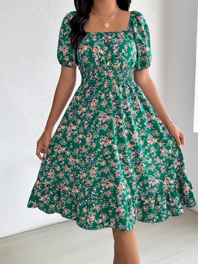 Summer New Arrivals Floral Square Neck Short Sleeve Ruched A-Line Skirt Women's Clothing