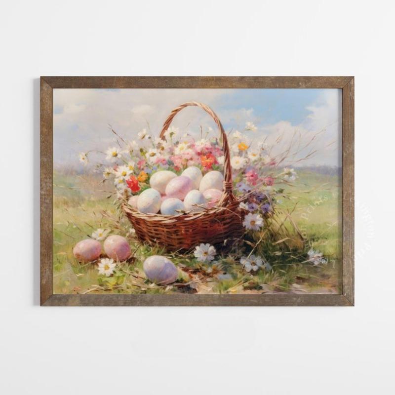 Easter Egg Easter Basket Prints Easter Wall Art Spring Print Easter Decor Easter Print Vintage Wildflower Art Farmhouse Decor 21X30CMNo Framed