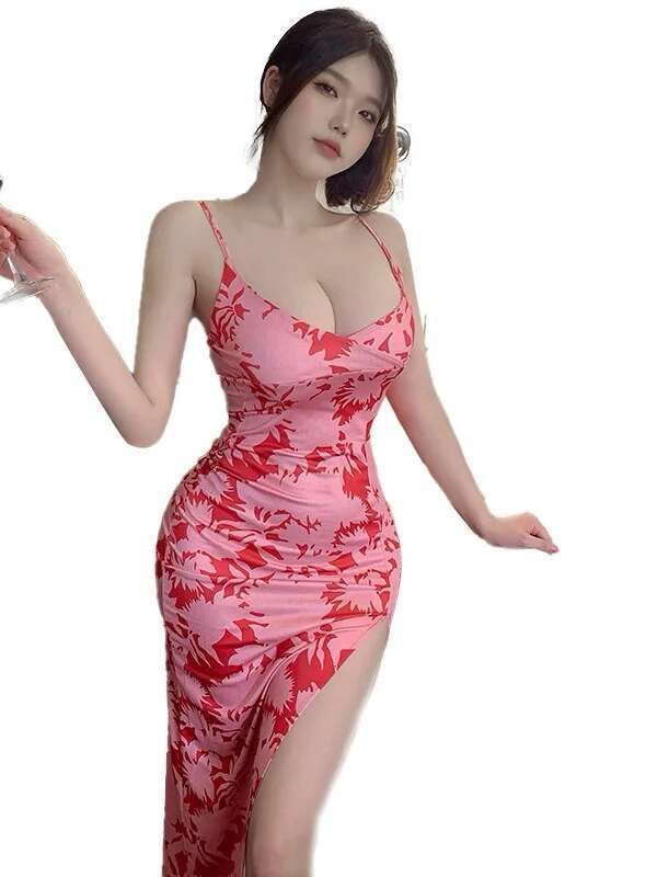 Sexy Sleepwear Small Chest Seduces Cheongsam Slit Printed Long Dress Elegant Pink Sweet Dresses 2025 New Fashion Women JZI4