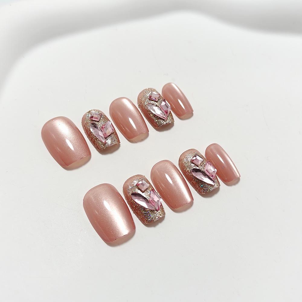 Nude Pink Ultra-Sparkling Cat Eye Glitter Short Press-On Nails for Daily Use