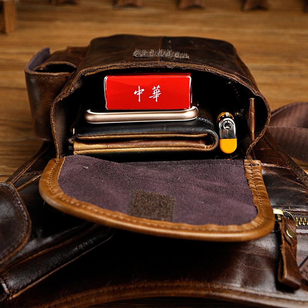 Top Grain Oil Waxed Leather Waist Bag for Men Vintage Camera Cell Phone Crossbody Leg Pack Hip Bag for Outdoor Travel Hiking