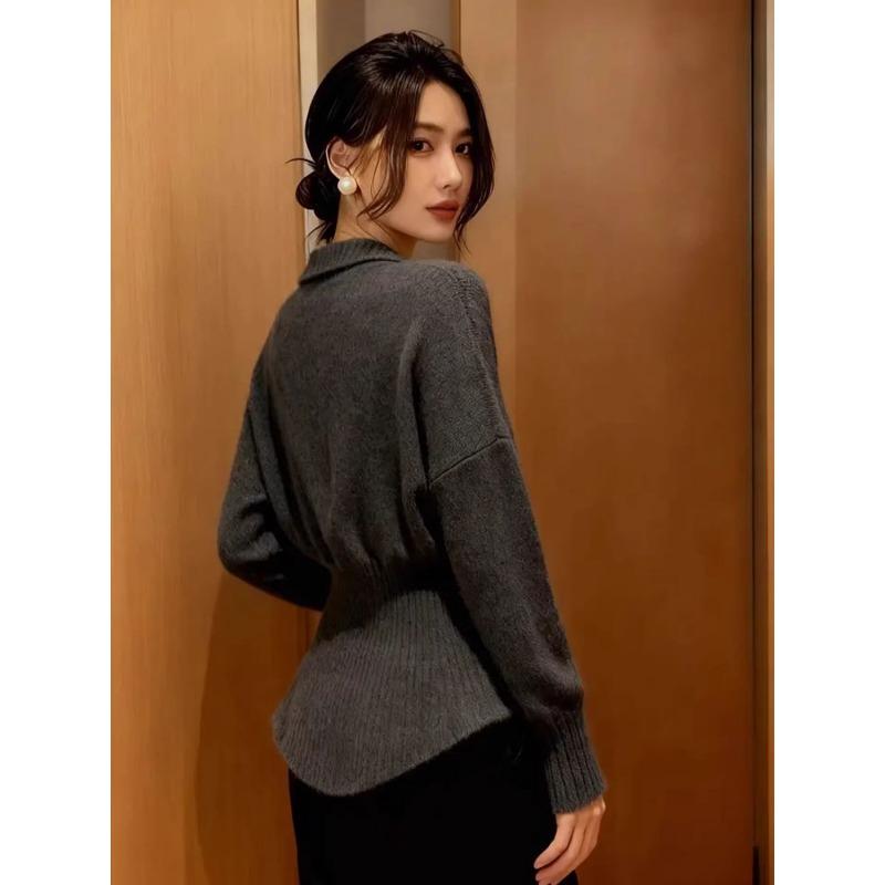 Waist V-neck Long-sleeved Sweater for Women in Autumn and Winter Light and Mature High-end Fashionable Pullover Top